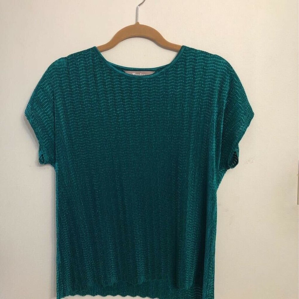 TanJay Womens Crinkle Blouse Teal Chevron Mesh Cap